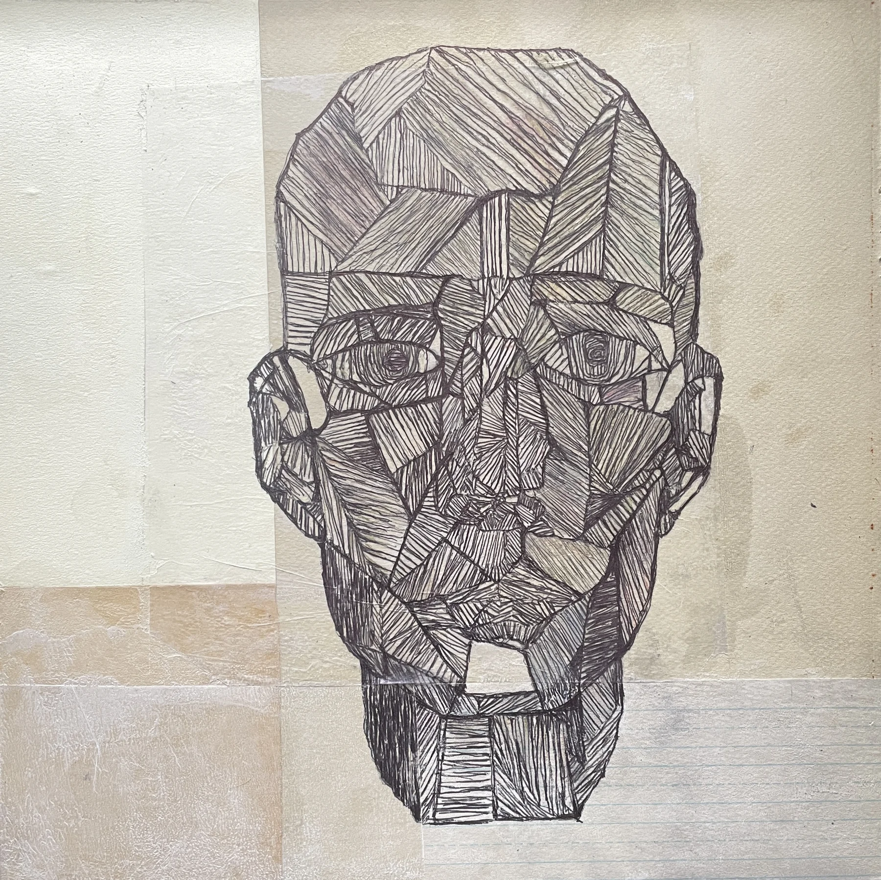 Guy — ink, watercolor and cold wax on paper, collage on panel, 2024