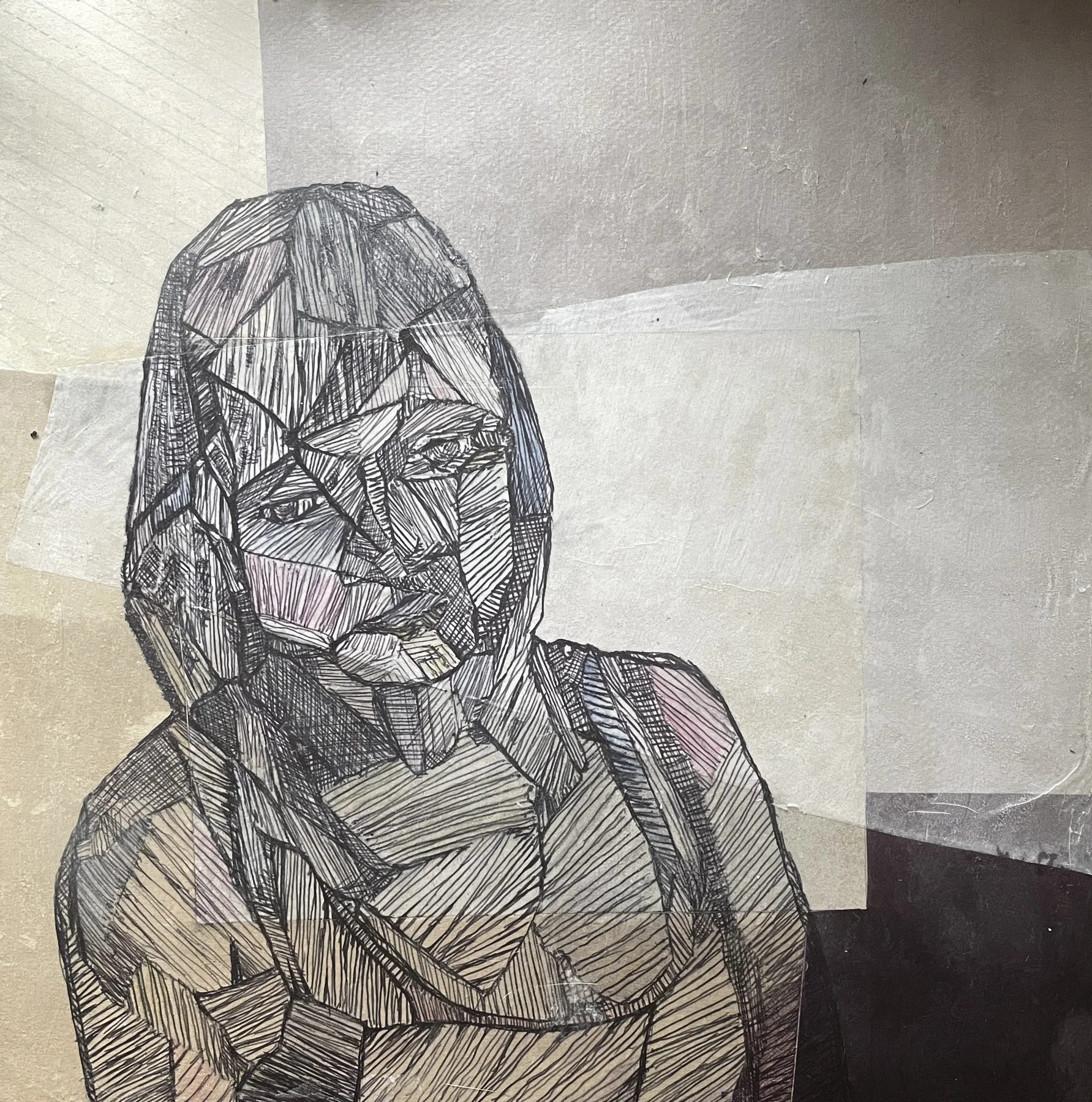 Girl — ink, watercolor and cold wax on paper, collage on panel, 2024